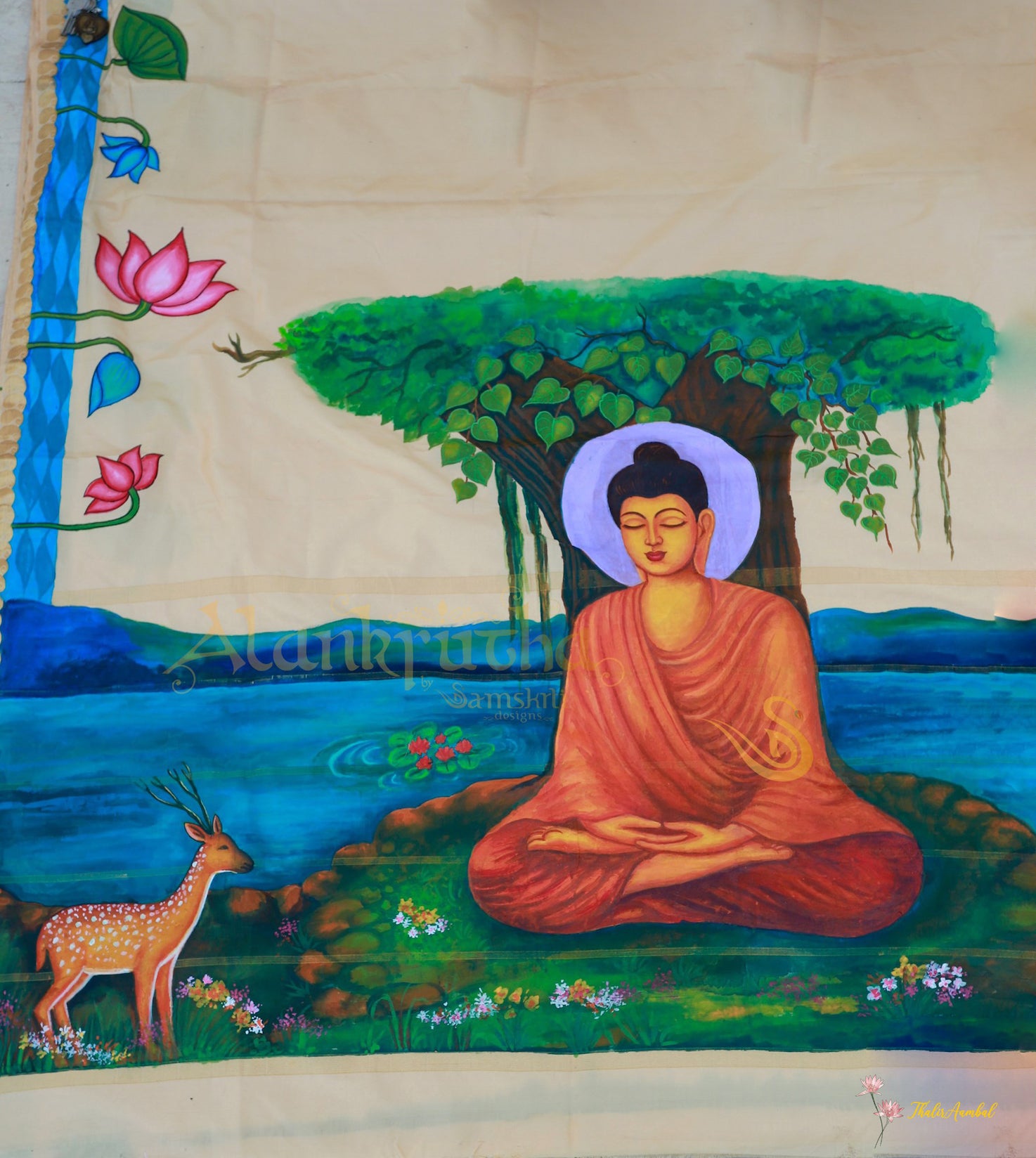 Bodhi Tree and budha: Hand-painted Pure– ThalirAambal Silk saree pallu-