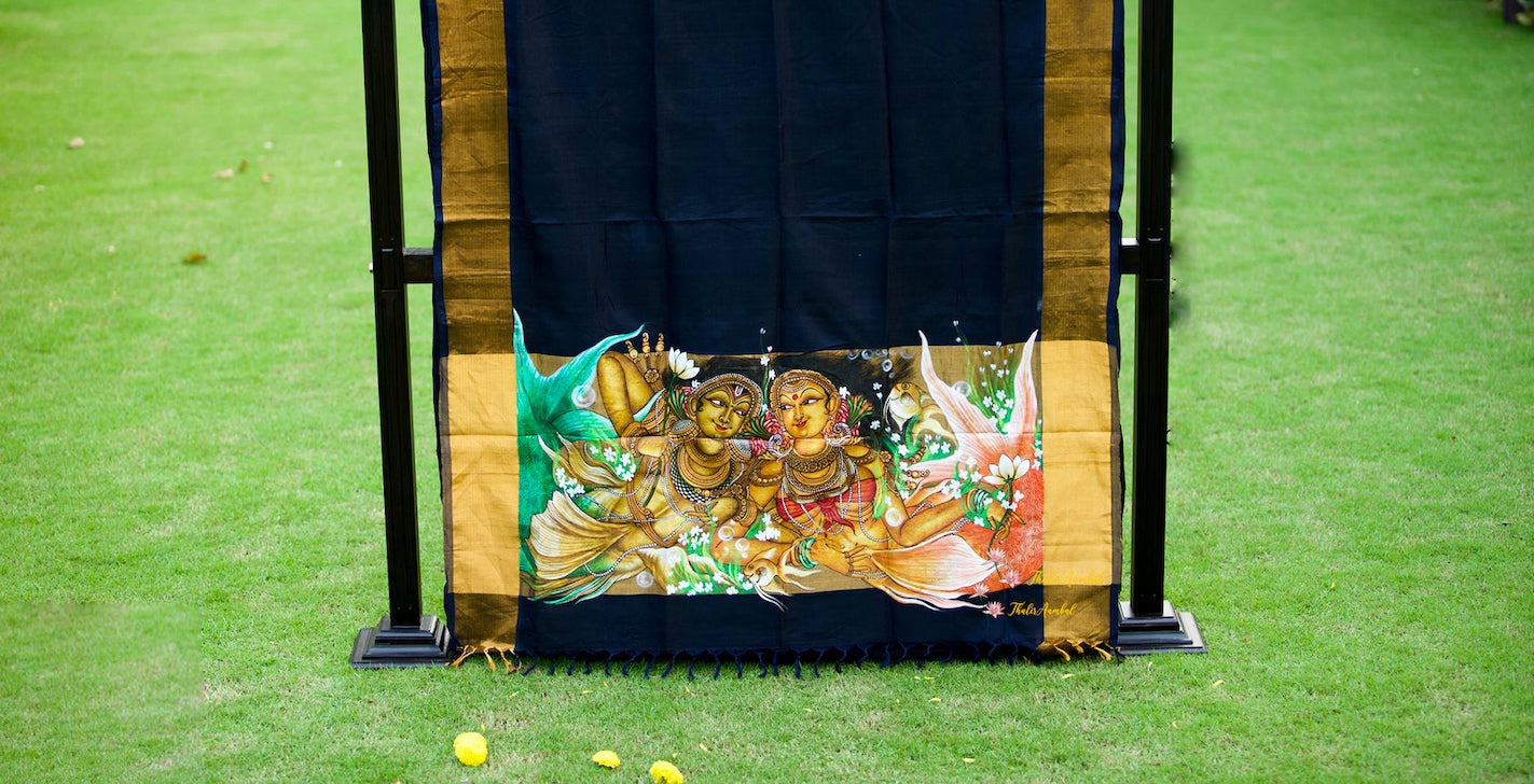 Hand painted black silk cotton saree Mermaid and merman Pall long– ThalirAambal