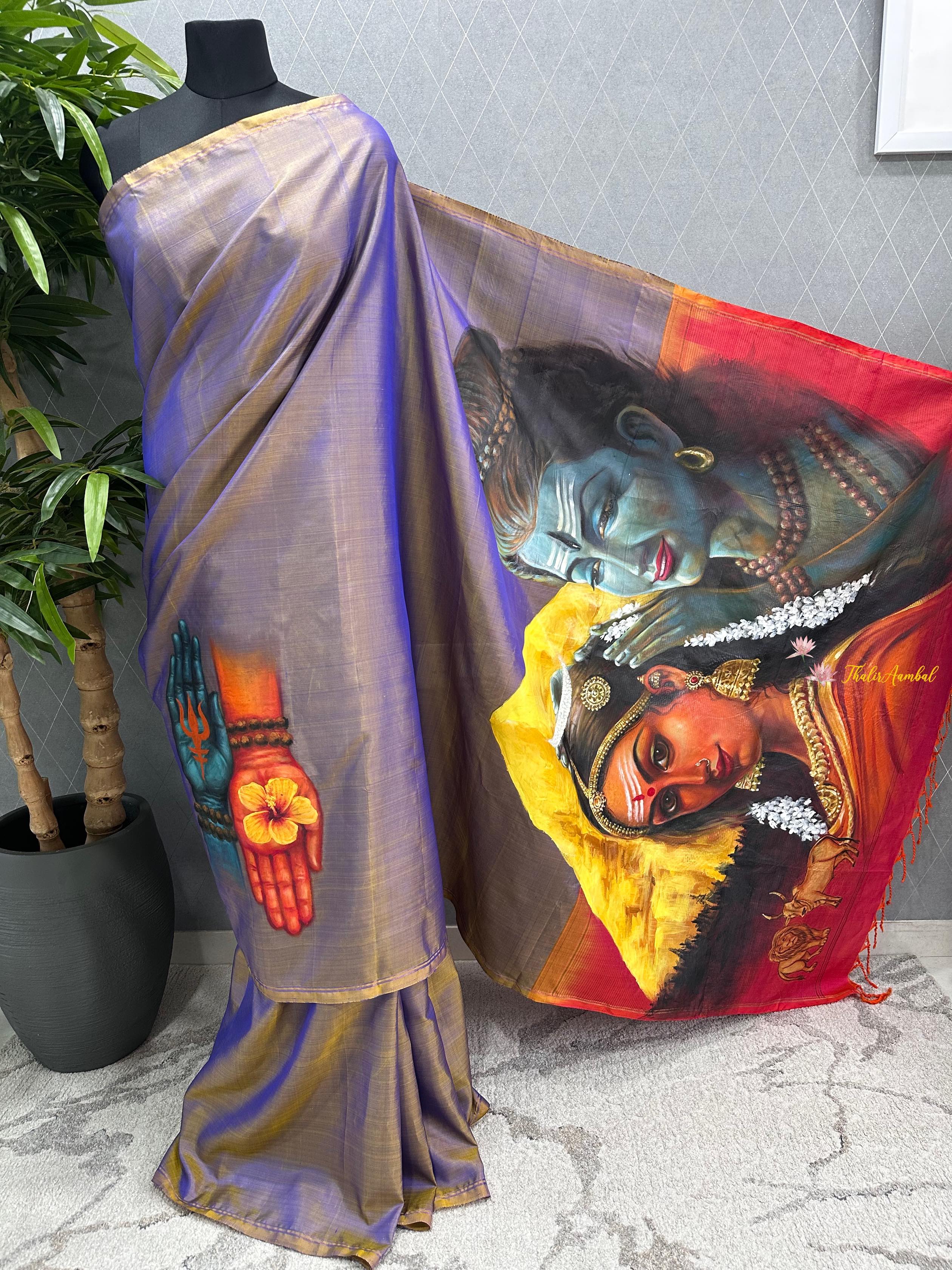 Siva-Parvati_Hand-painted pure silk saree_ThalirAambal
