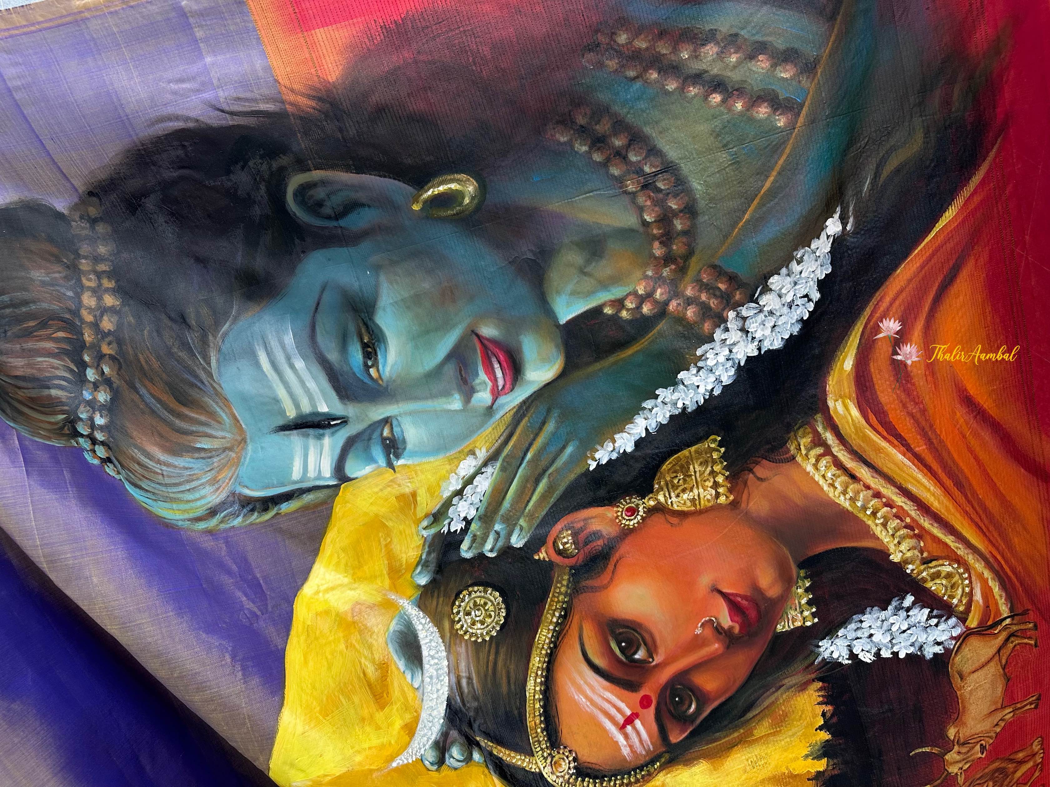 Siva-Parvati_Hand-painted pure silk saree_ThalirAambal