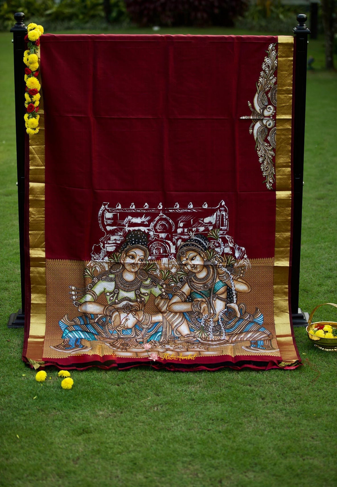 Sivaparvathi The Celestial wedding-Hand-painted Kanchipuram Silk sareepallu 1– ThalirAambal