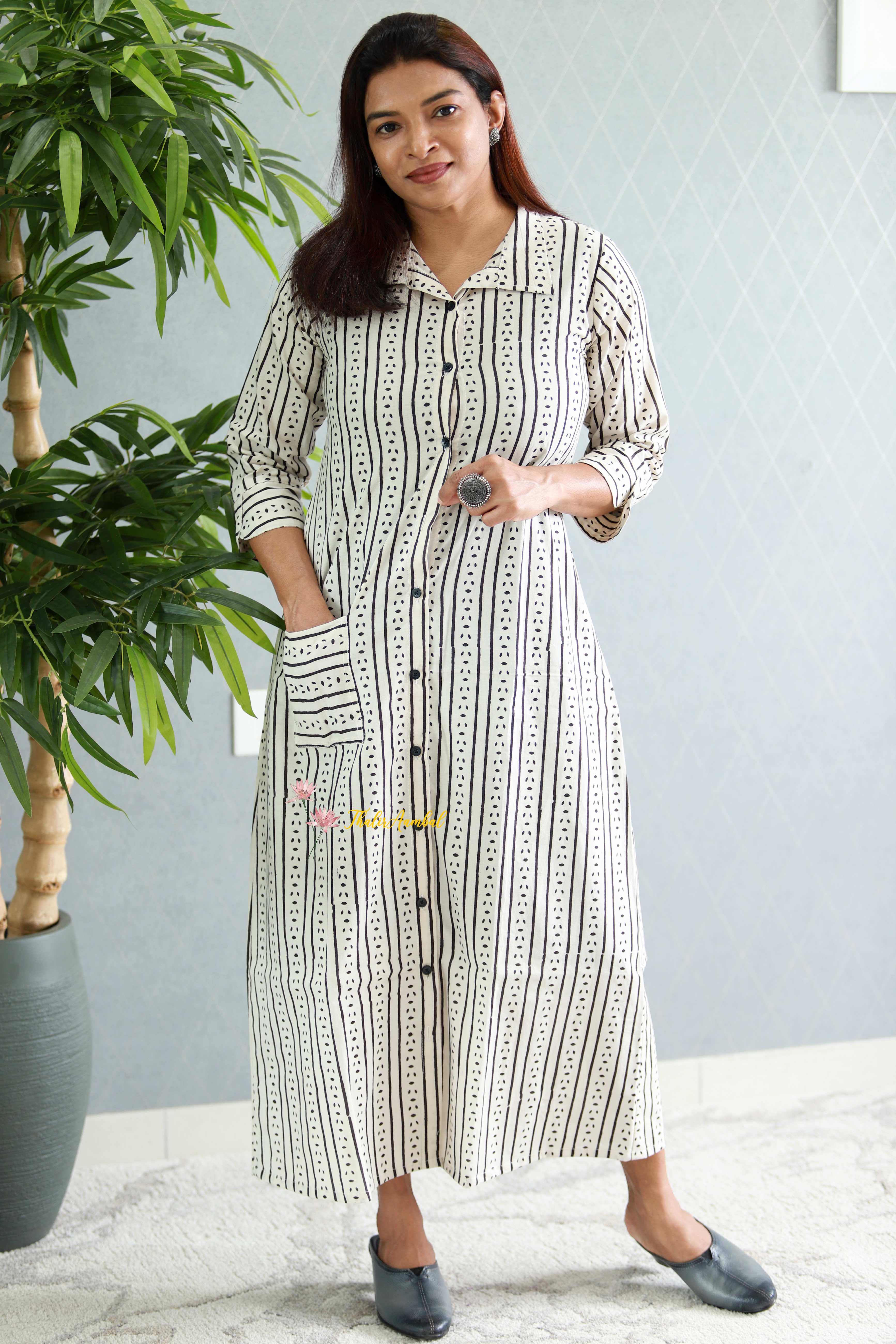 A-line Shirt top Balck & Blue lines pure cotton