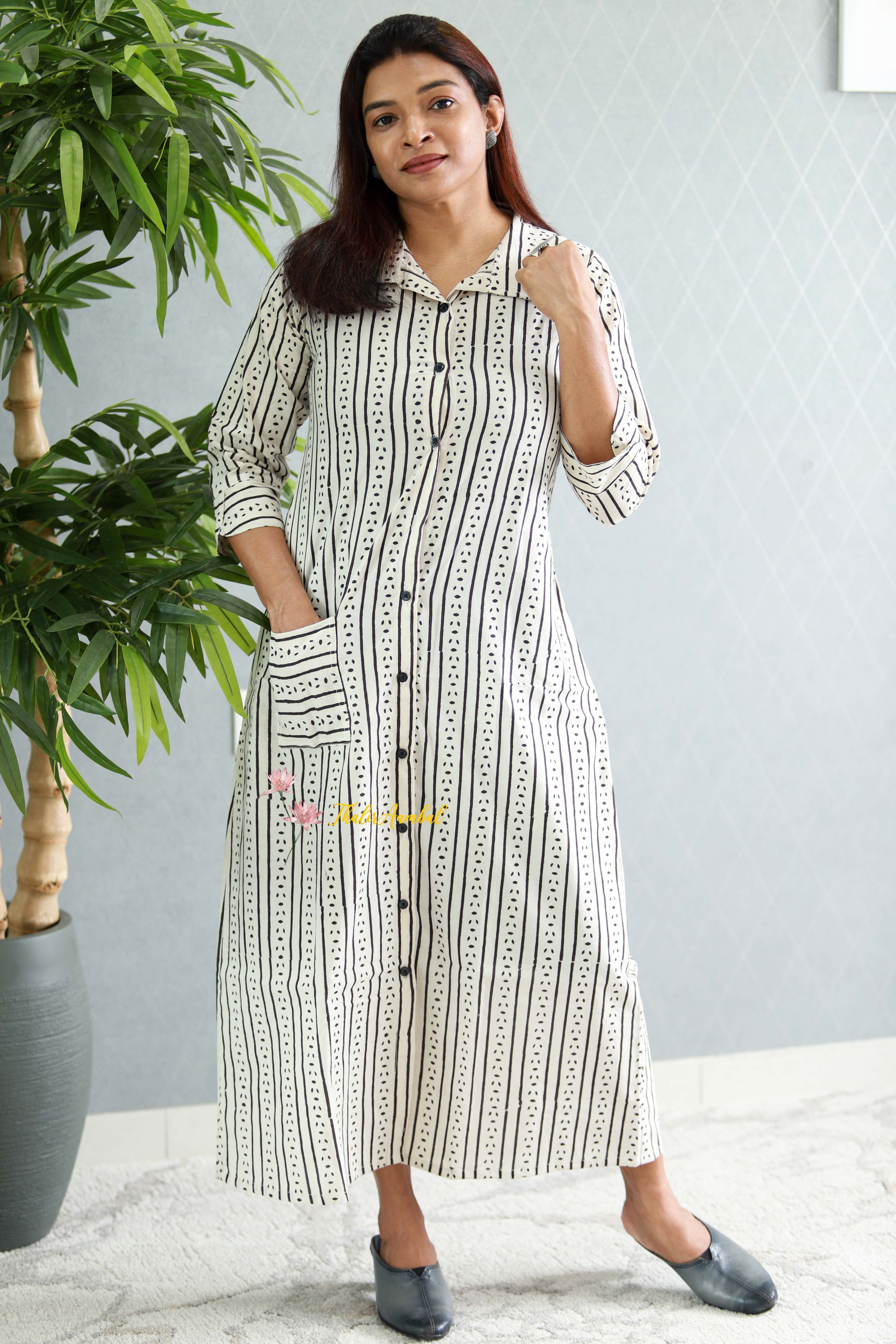 A-line Shirt top Balck & Blue lines pure cotton long view