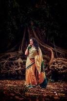Bodhi Tree and budha: Hand-painted Pure Silk saree model standing–– ThalirAambal 
