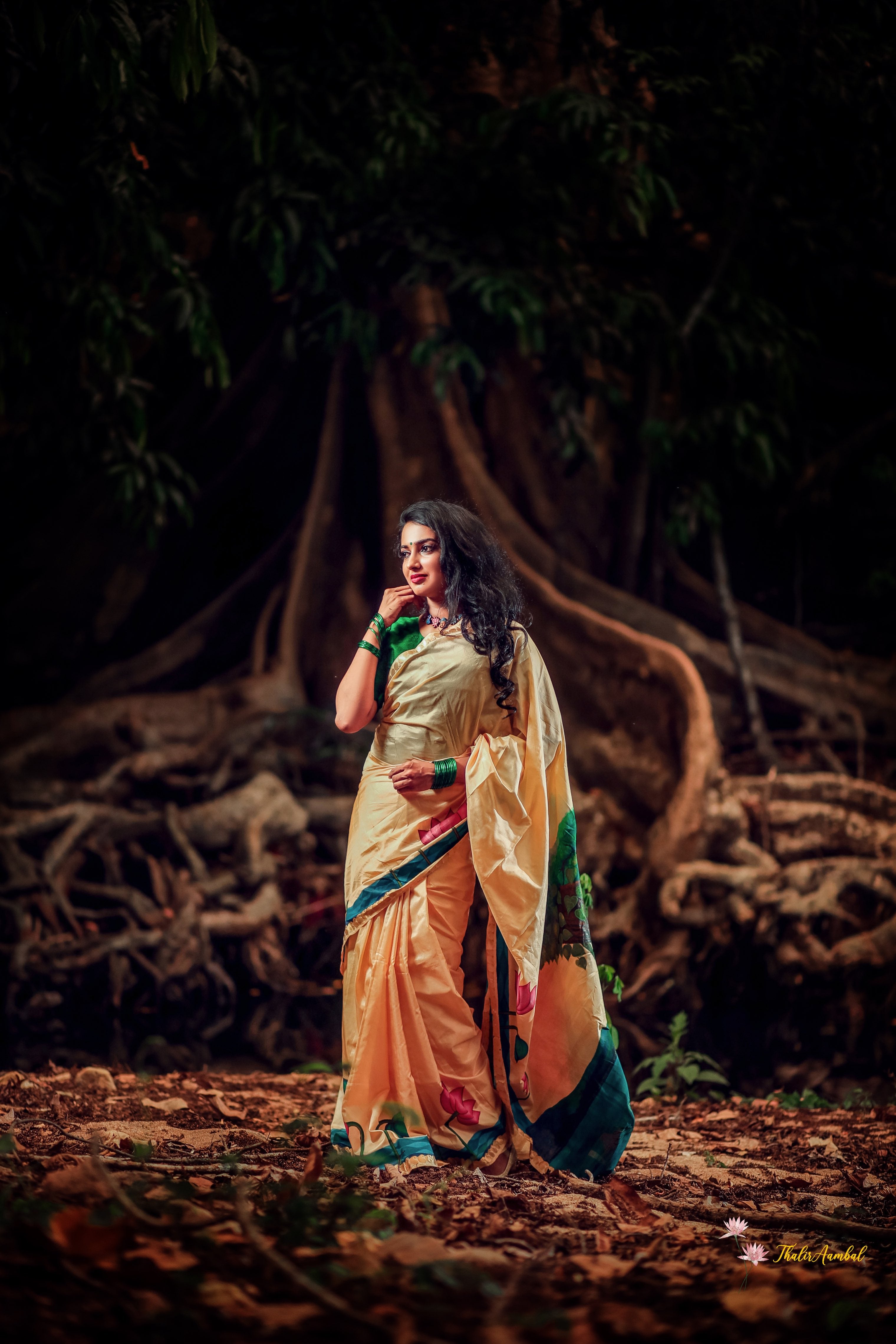 Bodhi Tree and budha: Hand-painted Pure Silk saree model standing–– ThalirAambal 