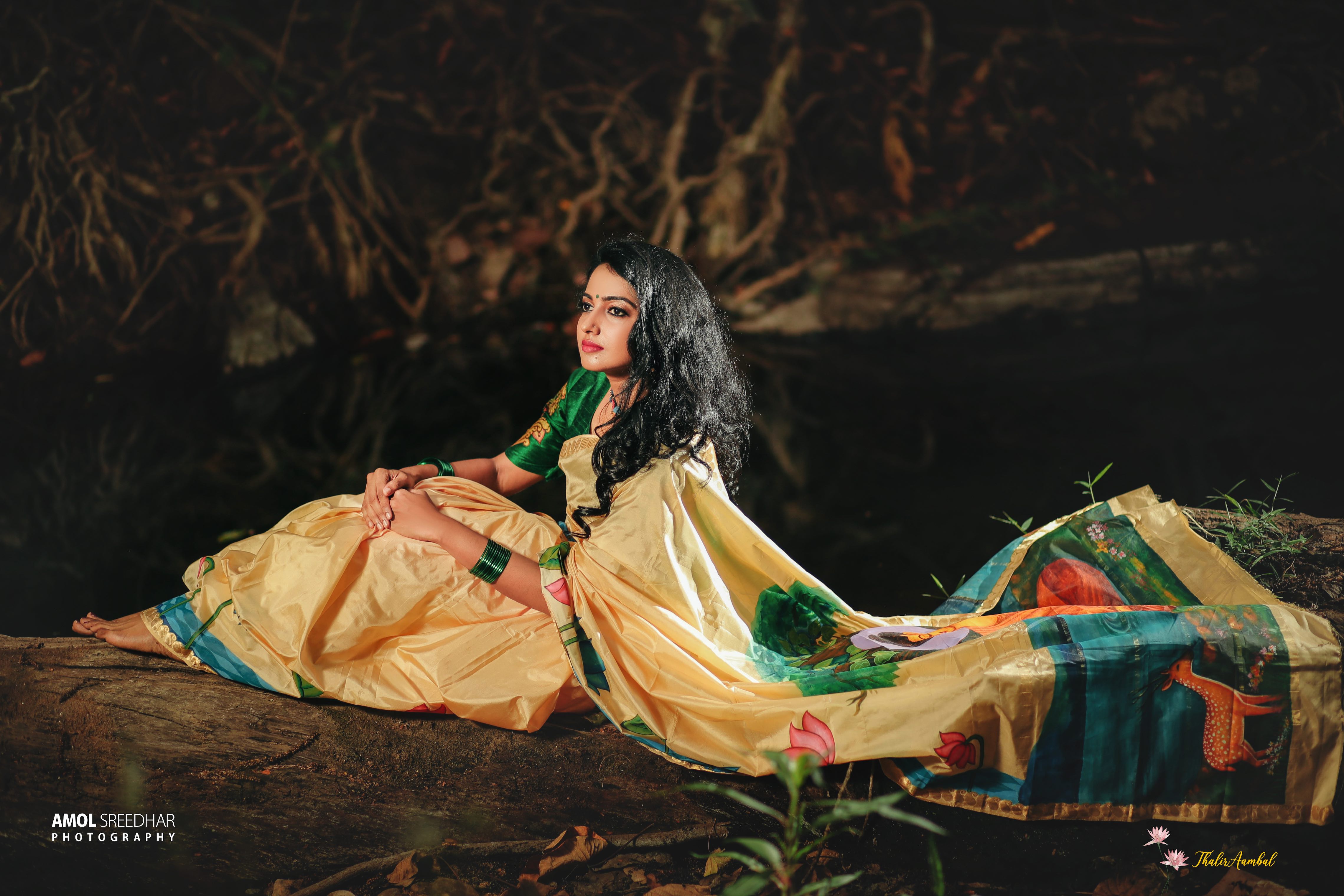 Bodhi Tree and budha: Hand-painted Pure Silk saree model wearing pallu view 2–– ThalirAambal 