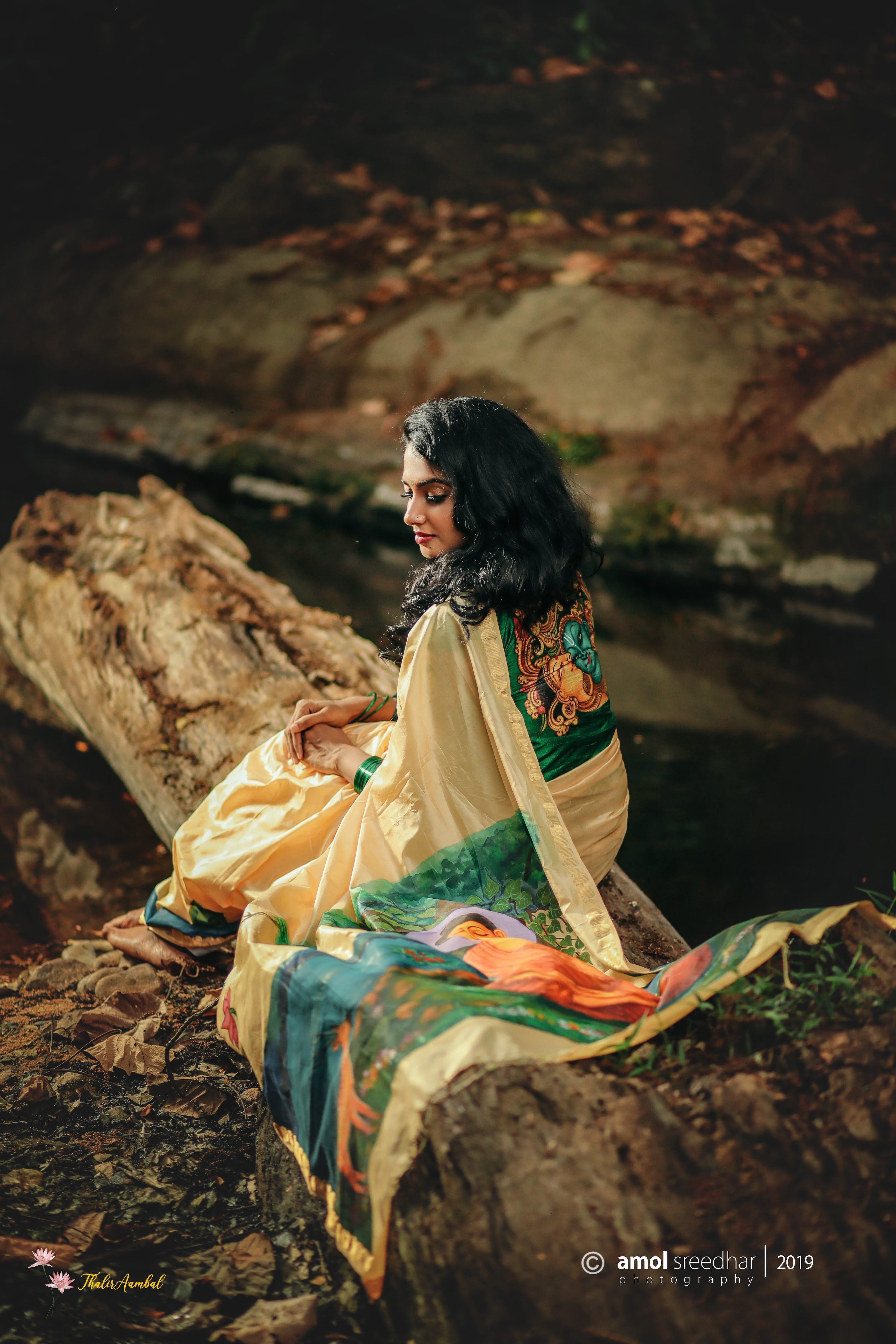 Bodhi Tree and budha: Hand-painted Pure Silk saree model wearing pallu view–– ThalirAambal 