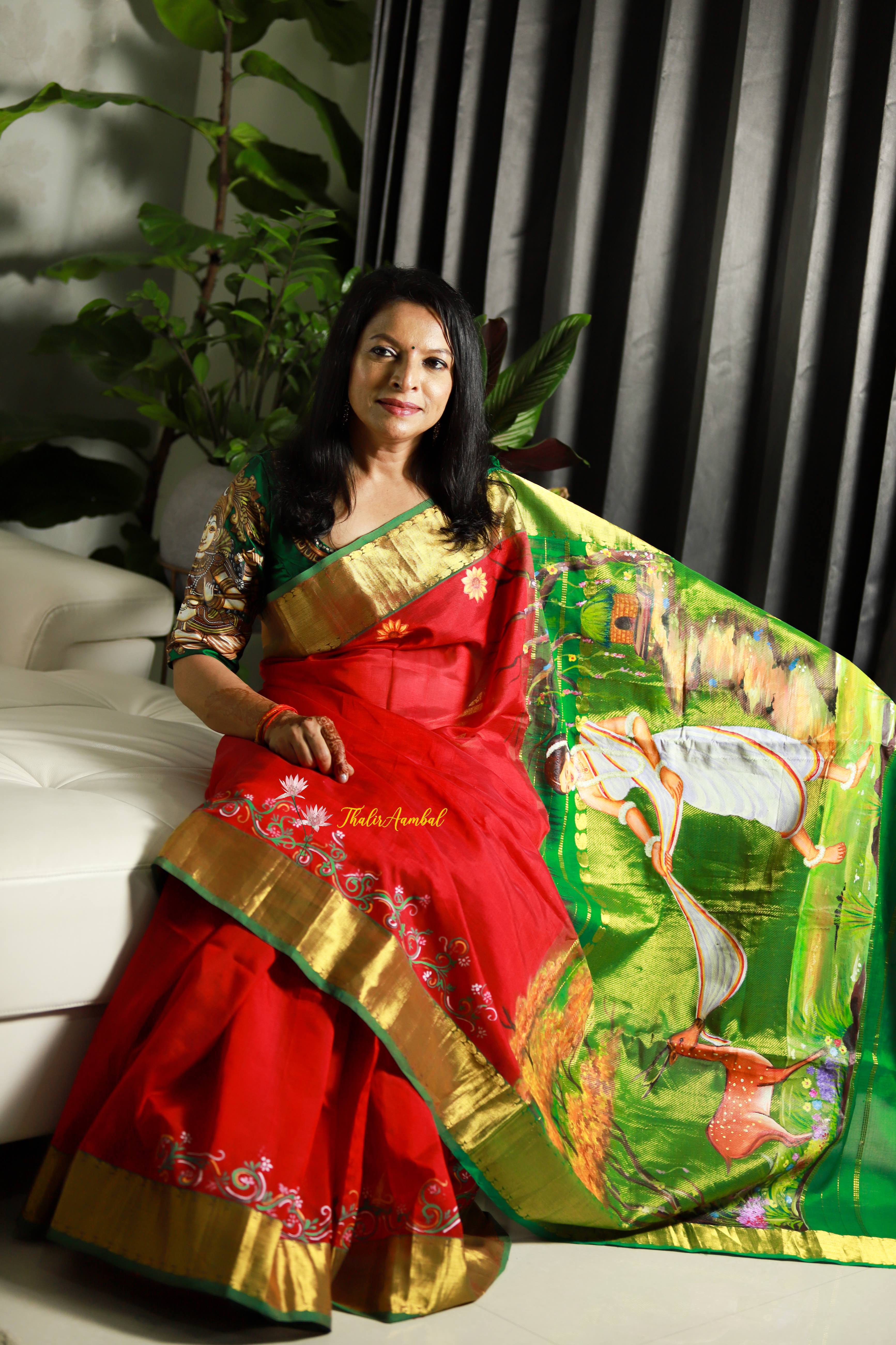  Damayanthi and deer -Hand-painted silk cotton saree Red pallu front view– ThalirAambal
