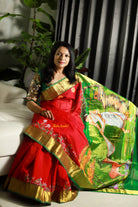  Damayanthi and deer -Hand-painted silk cotton saree Red pallu front view– ThalirAambal