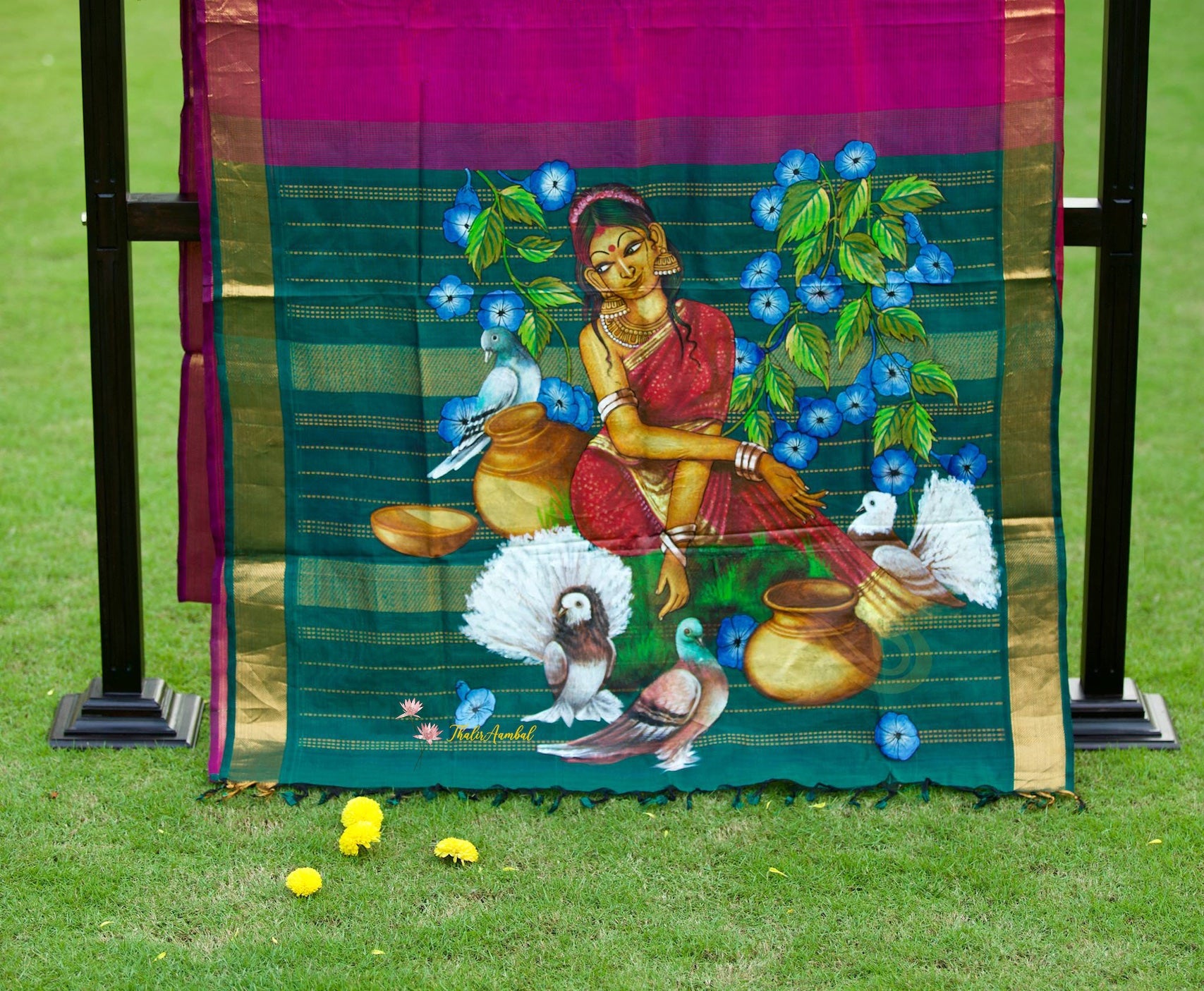 Damayanthi and dove -Hand-painted silk cotton saree Magenta– ThalirAambal
