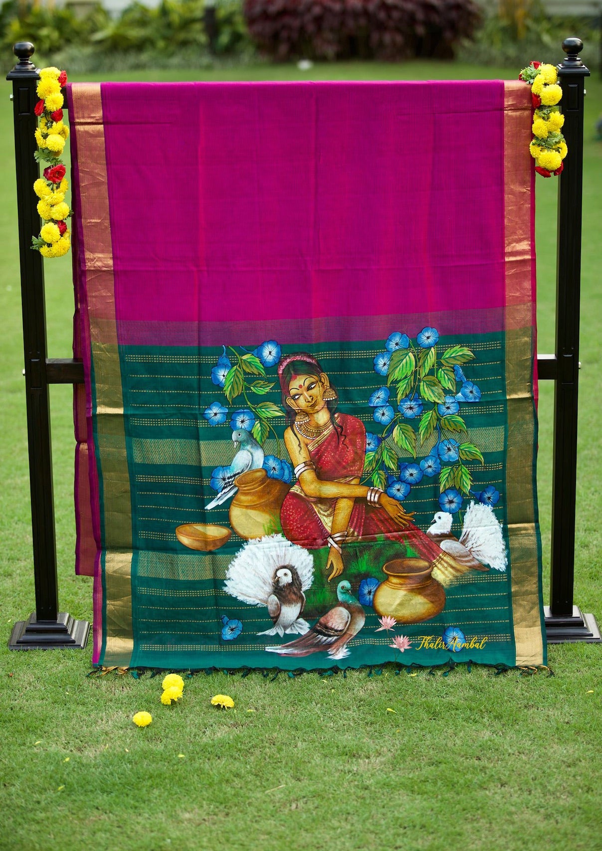 Damayanthi and dove -Hand-painted silk cotton saree Magenta pallu– ThalirAambal