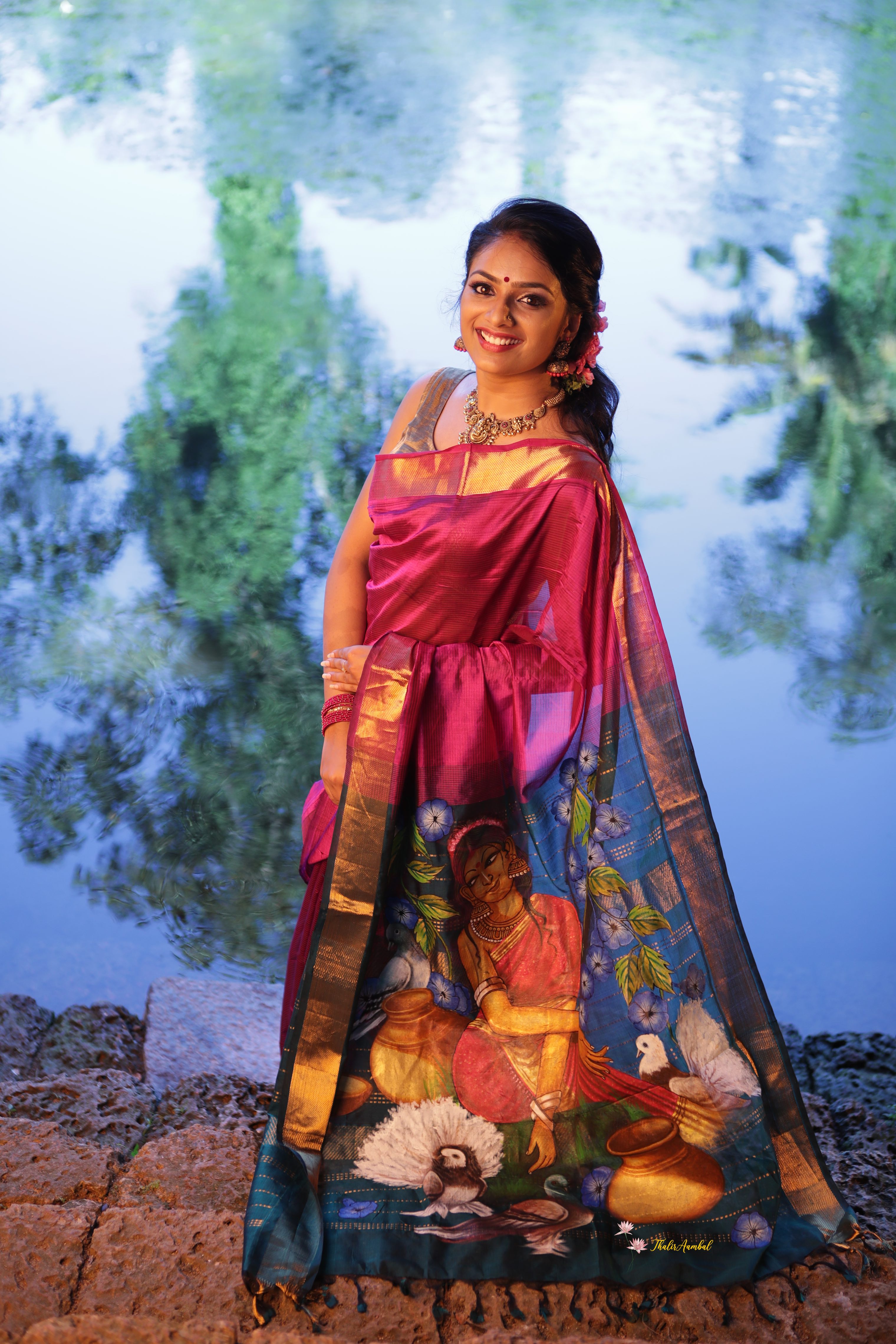 Damayanthi and dove -Hand-painted silk cotton saree– ThalirAambal