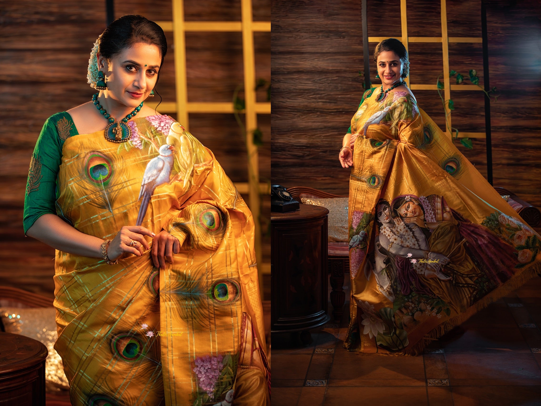 Hand-painted Kanchipuram silk - Vrindavanam radha krishna Anuhasan wearing-– ThalirAambal