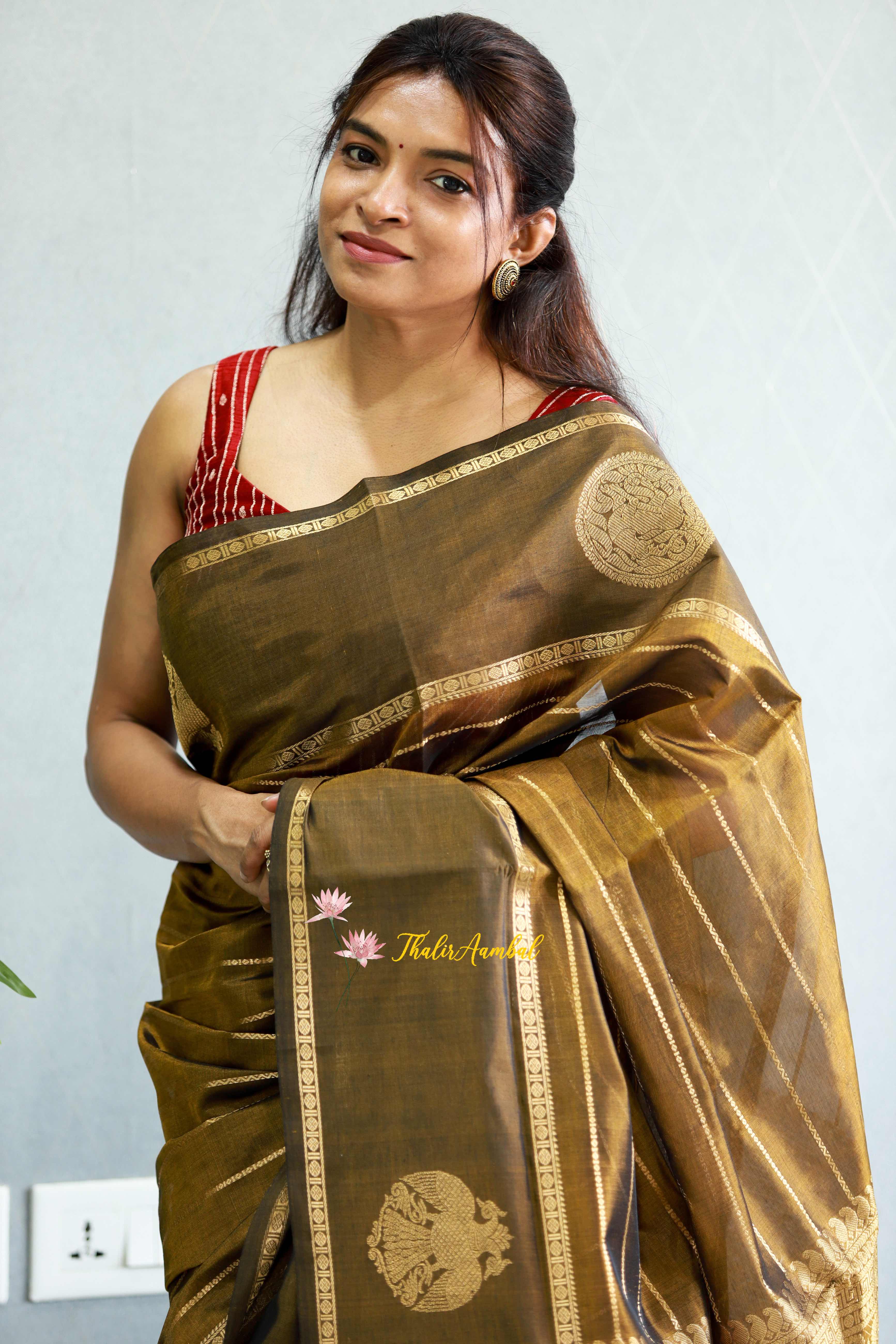 Handwoven Pure silk saree in antique copper shade – ThalirAambal