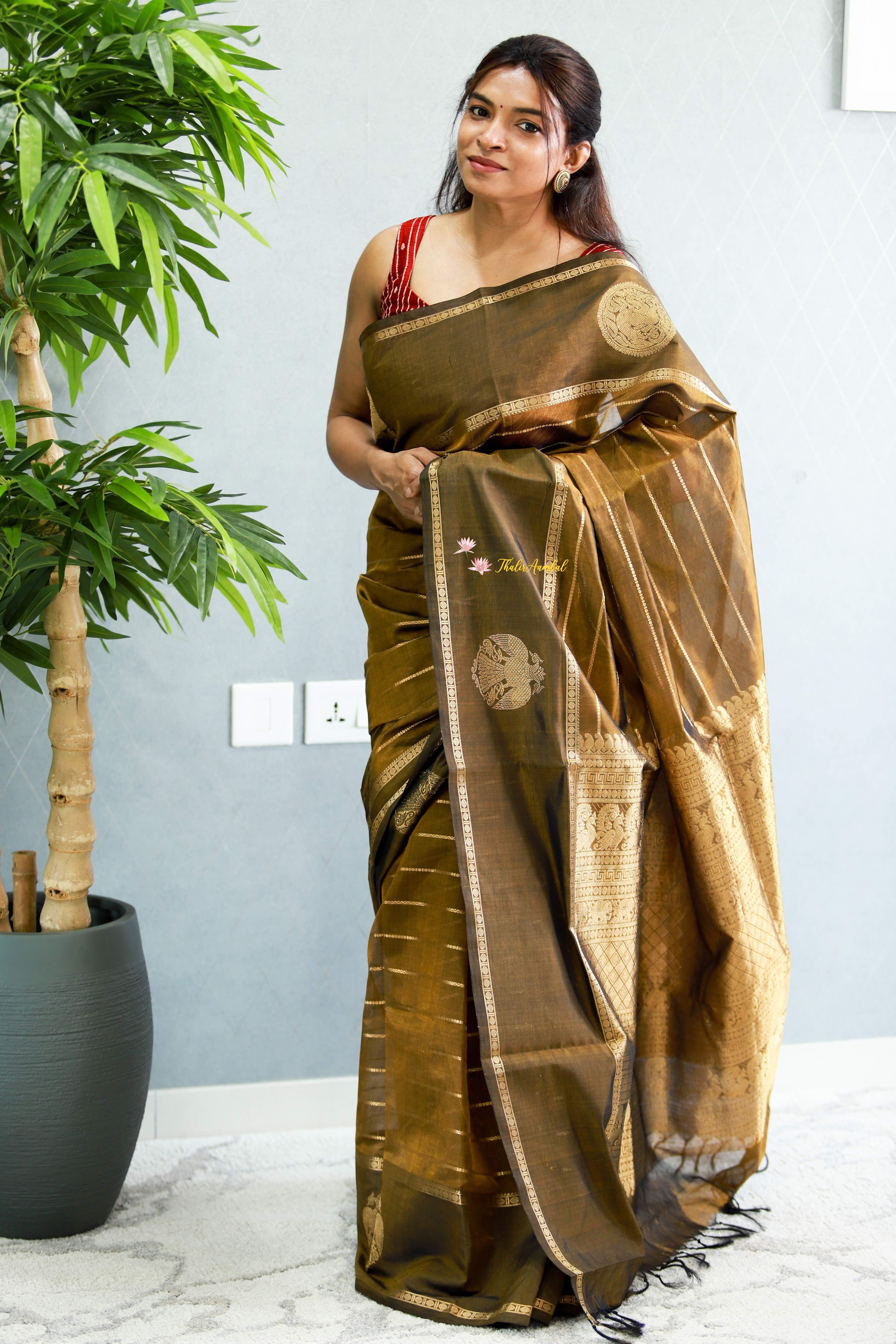Handwoven Pure silk saree in antique copper shade full view– ThalirAambal