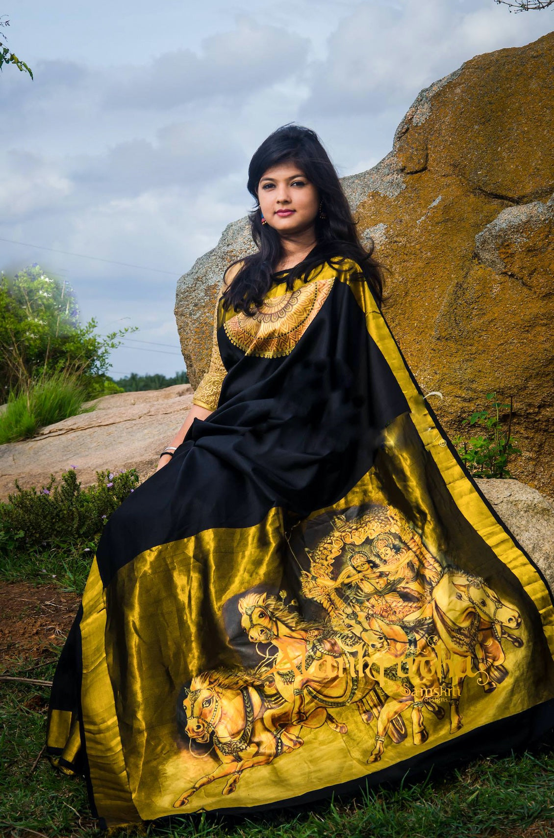 Kurukshetra: Hand-painted Black Kanchipuram silk saree=– ThalirAambal