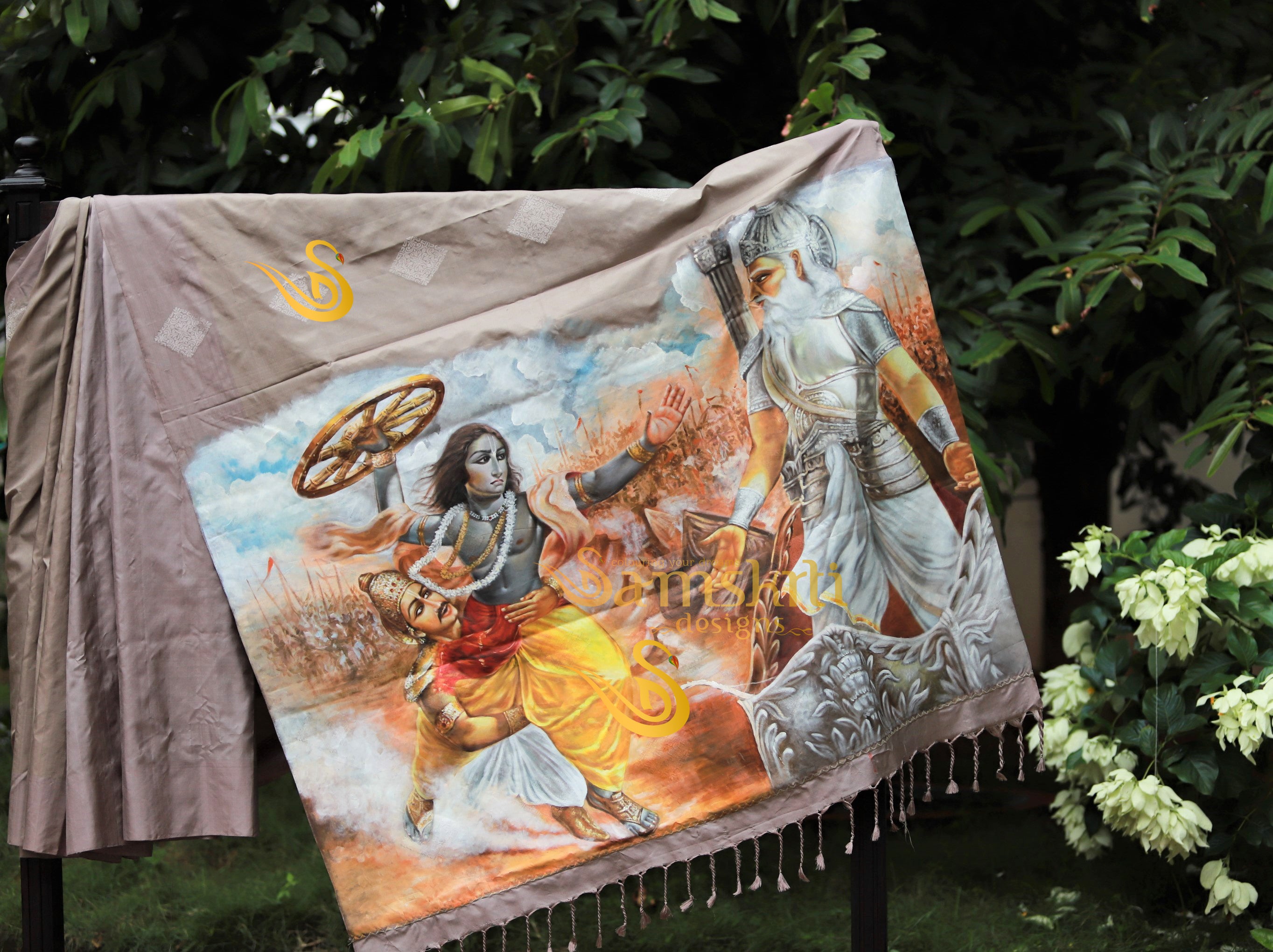 Kurukshetra: Hand-painted Kanchipuram silk saree -Bheeshma saree-ThalirAambal