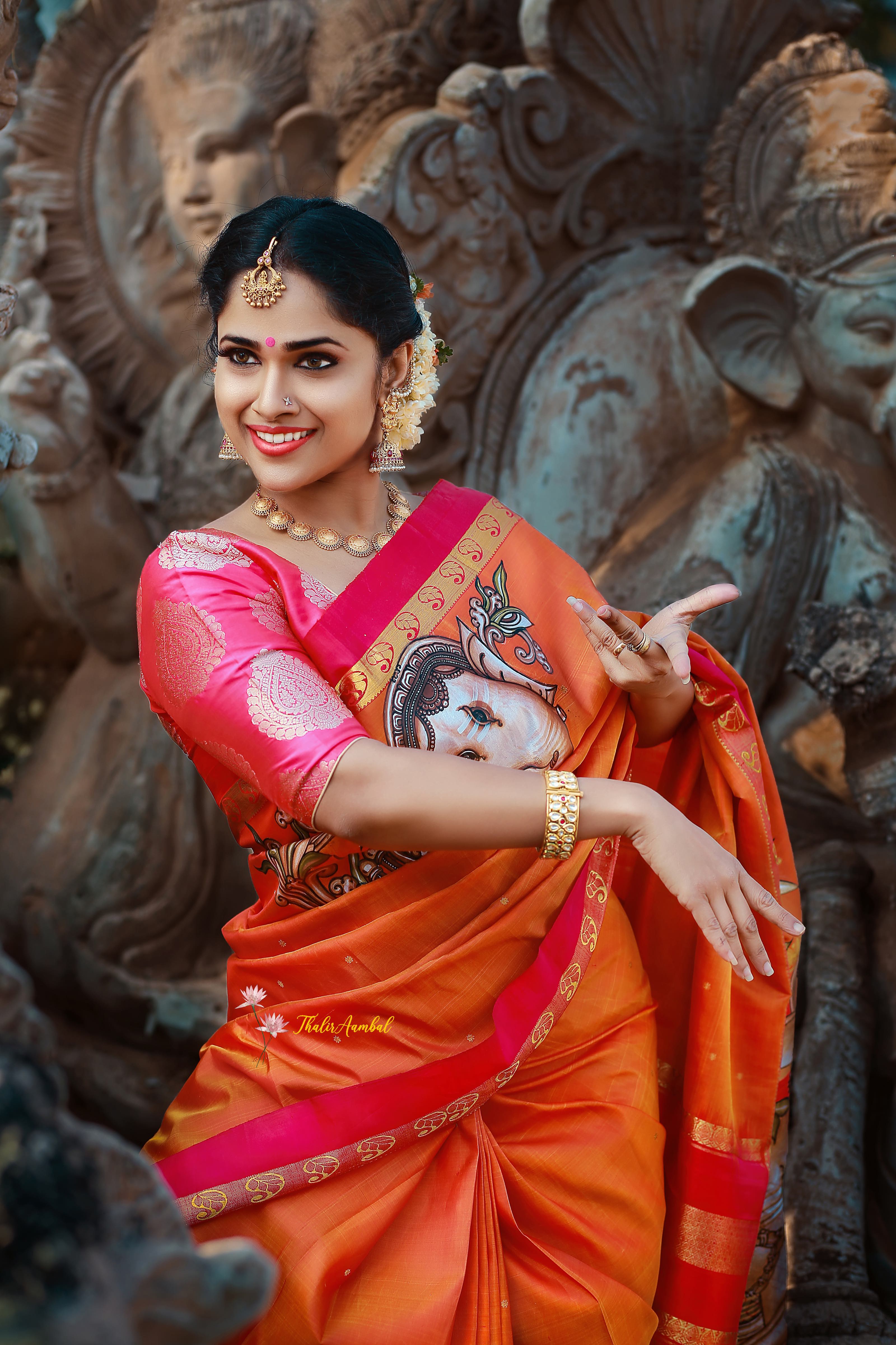 Parvathi and Ganesha: Hand-painted Kanchipuram Silk saree– ThalirAambal