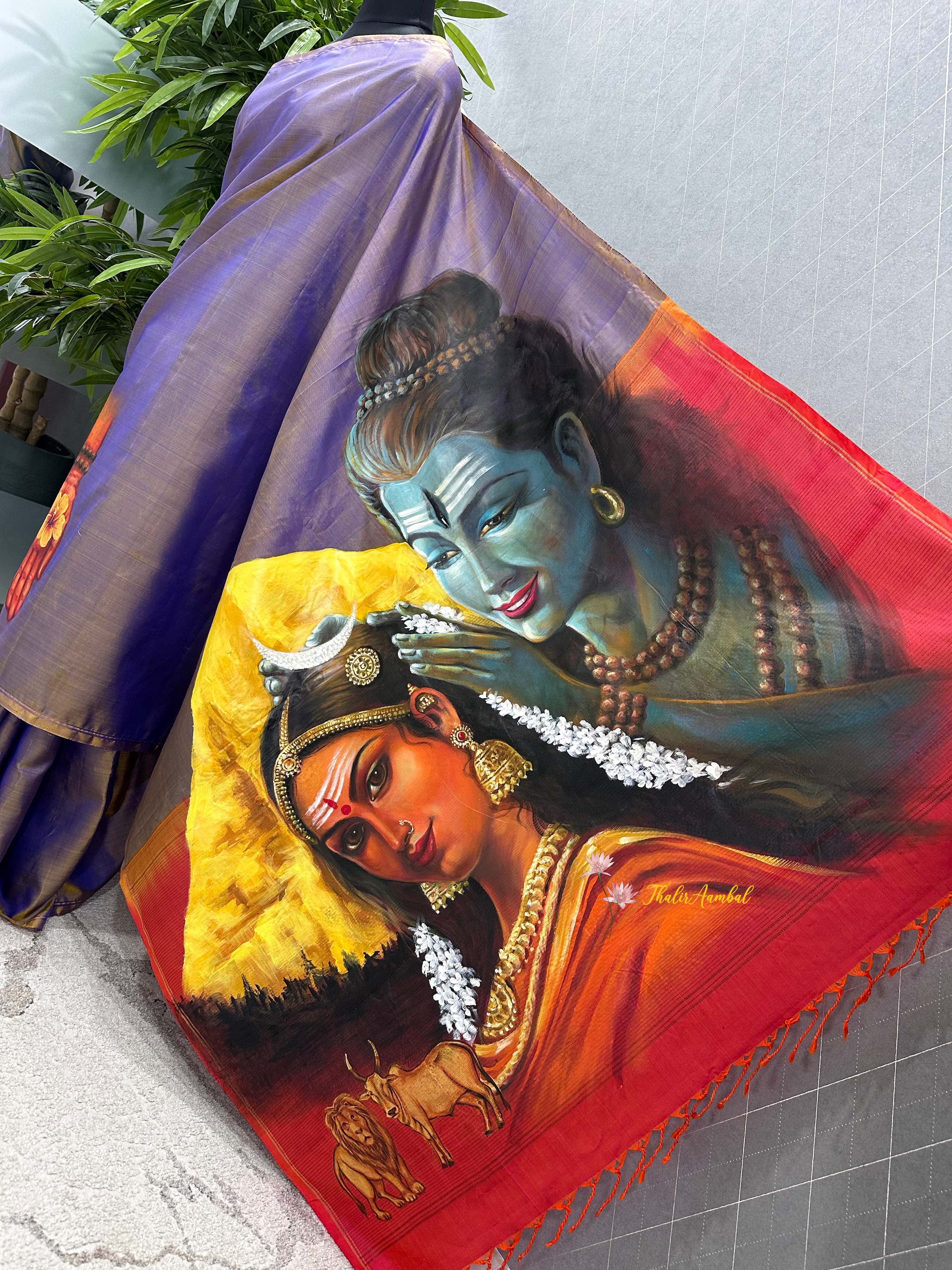 Siva-Parvati_Hand-painted pure silk saree_ThalirAambal 