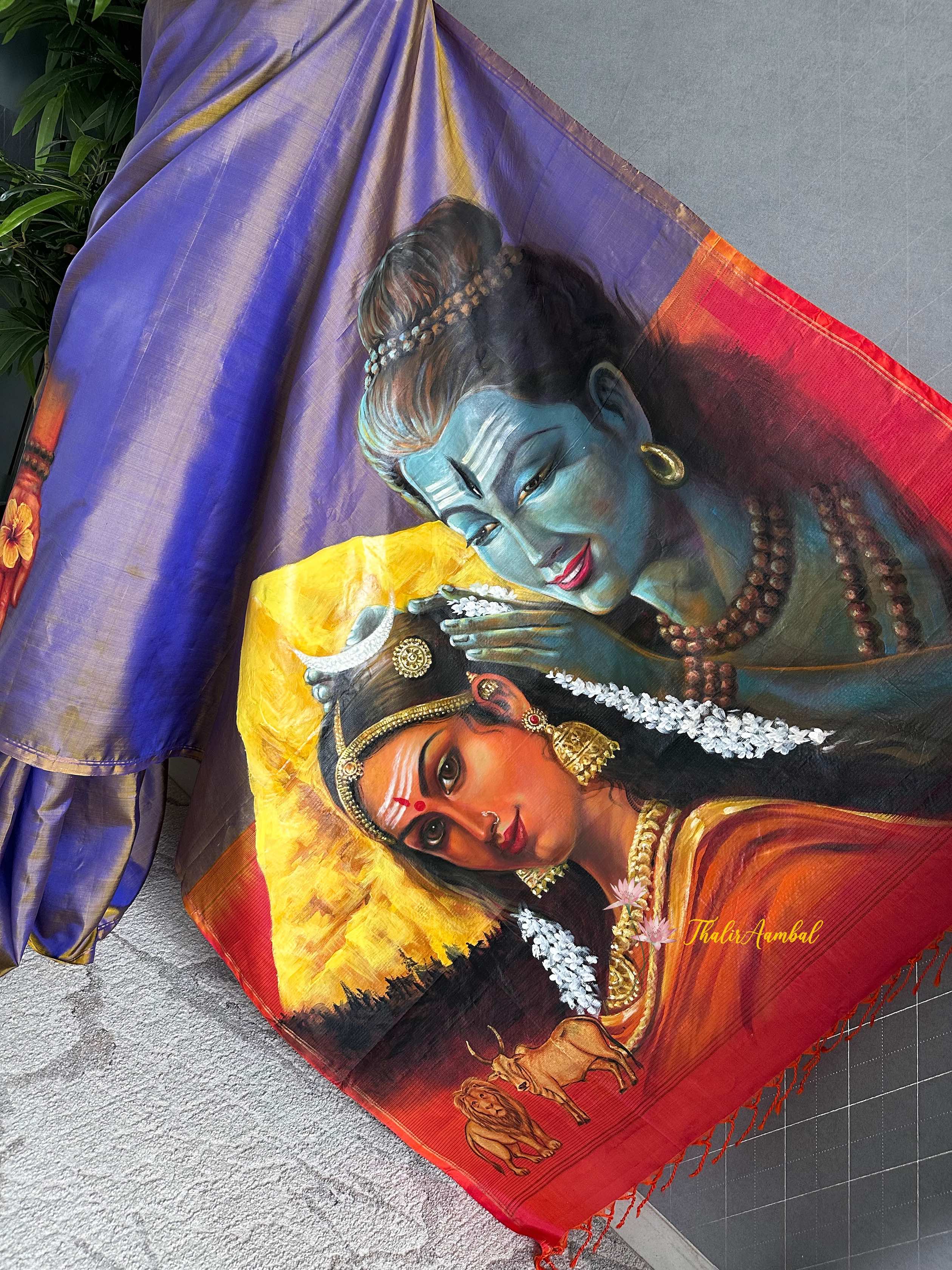 Siva-Parvati_Hand-painted pure silk saree_ThalirAambal 