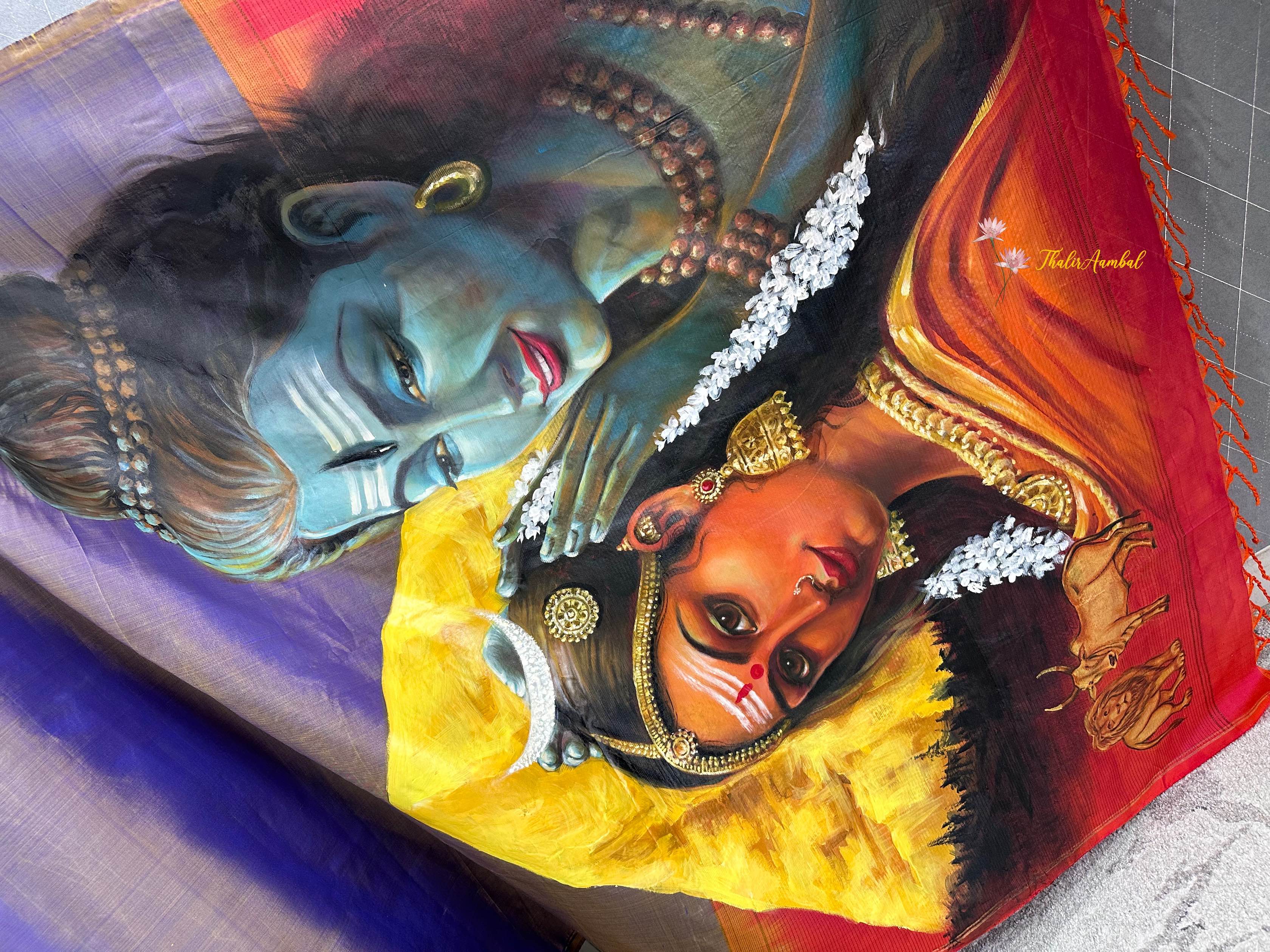Siva-Parvati_Hand-painted pure silk saree_ThalirAambal 