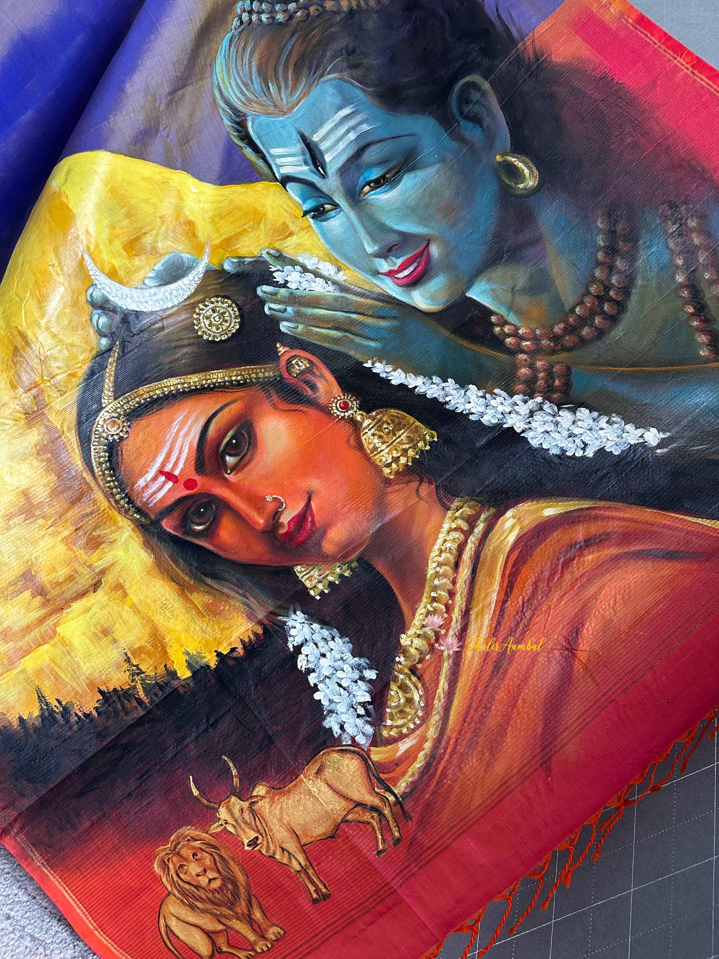 Siva-Parvati_Hand-painted pure silk saree_ThalirAambal 