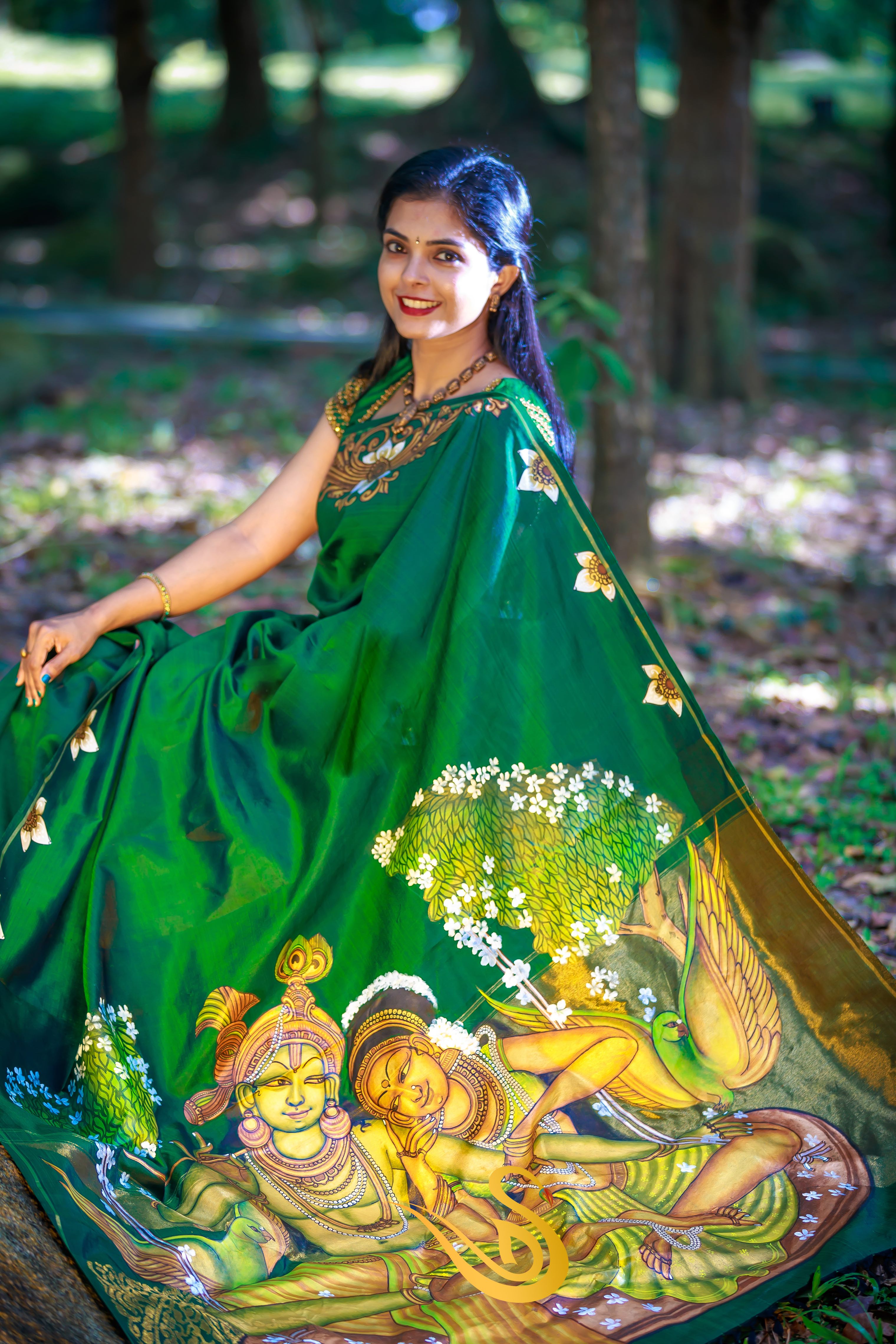 The Swing of Eternal Grace: Green Hand-painted Kanchipuram Silk Saree Krhns radha-– ThalirAambal
